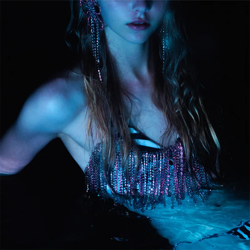 

Rhinestone mixed color tassel bra body chain nightclub fashion queen trend bra top chain Bikini 2022 Swimsuit Sexy Women Luxury