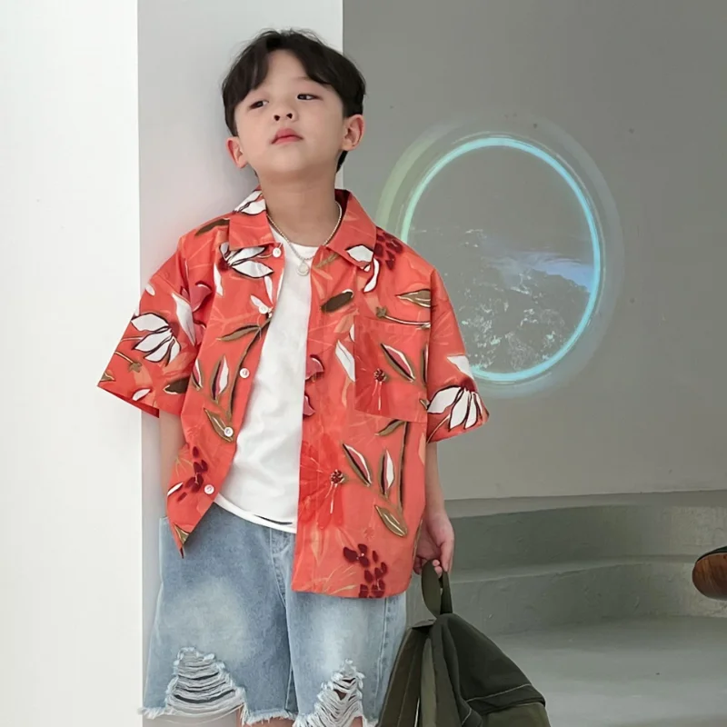 

Summer boys fashion cotton floral shirt holiday style children casual loose short sleeve Tops