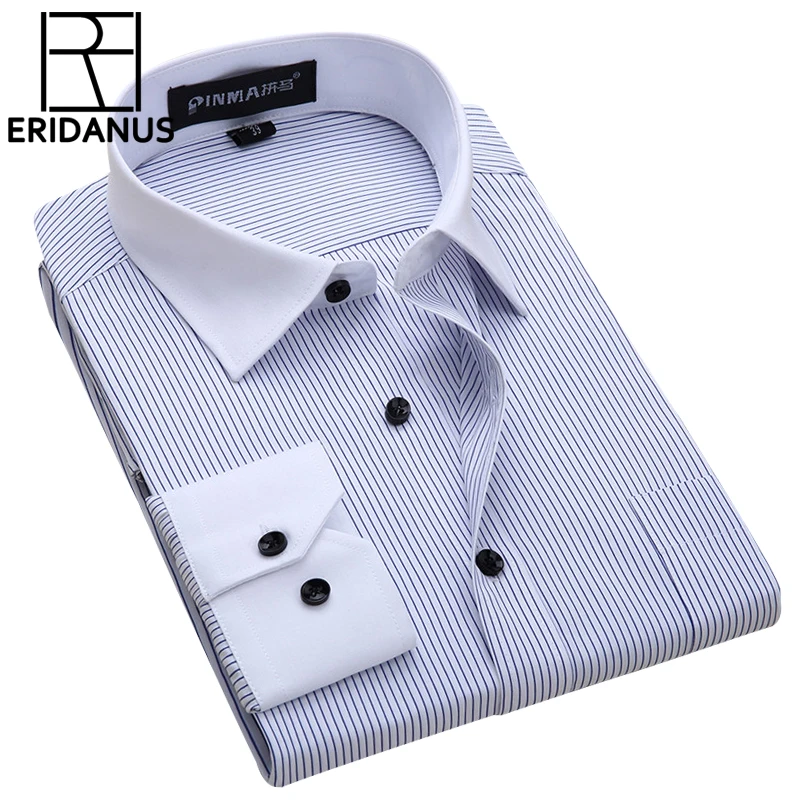 

2016 Male Striped Shirt Spring New Arrival Long Sleeve Men Slim Fit Turn-down White Collar Business&Causal Iron-free Shirts M012