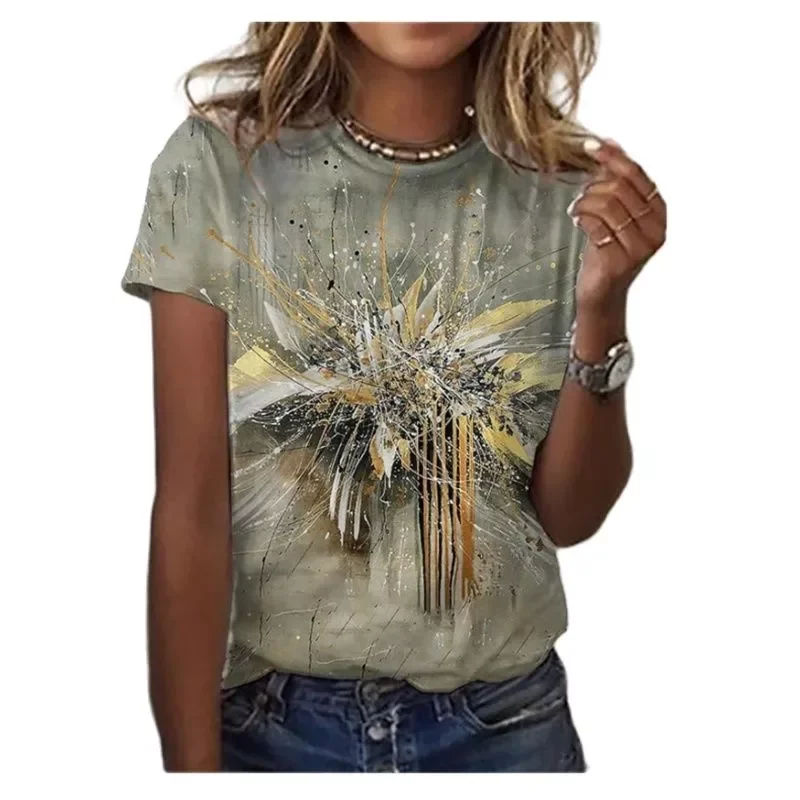 

summer short sleeve T-shirt, 3D floral print, oil painting, round neck, casual, loose, XL XXS-6XL