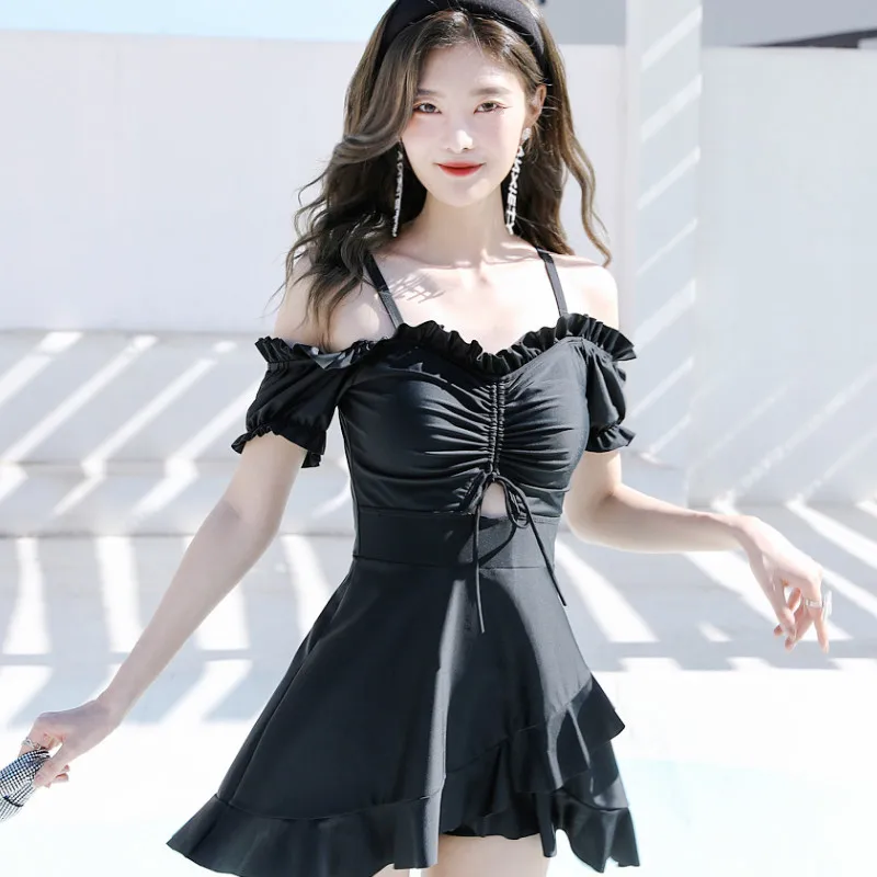 2023 Sexy Ruffle Drawstring Swimwear Tummy Control Swimdress Bathing Suit Push Up Swimsuit Pad Summer Solid Beach Swim Monokini