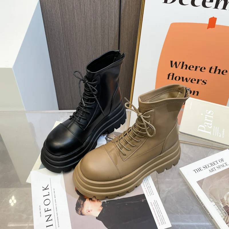 Boots Ladies New Lace Up Women's Round Toe Ladies Fall Rubber Lolita Ankle Leather Cross Botas Mujer Women Shoes Platform Shoes