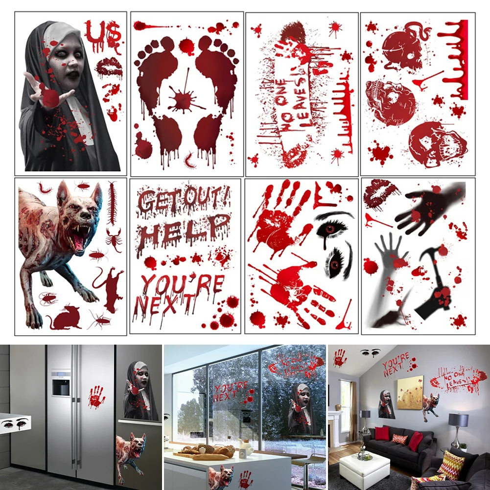 

8 Sheets Halloween Decorative Window Stickers Horror Bloody Fingerprints Footprints Decals Electrostatic Stickers for Car Window
