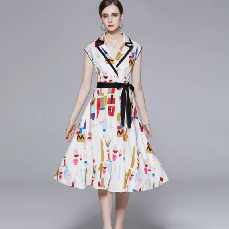 

Платье-миди женское с надписью, модное Бандажное повседневное с английским воротником, без рукавов, с поясом, с мультяшным принтом, на лето