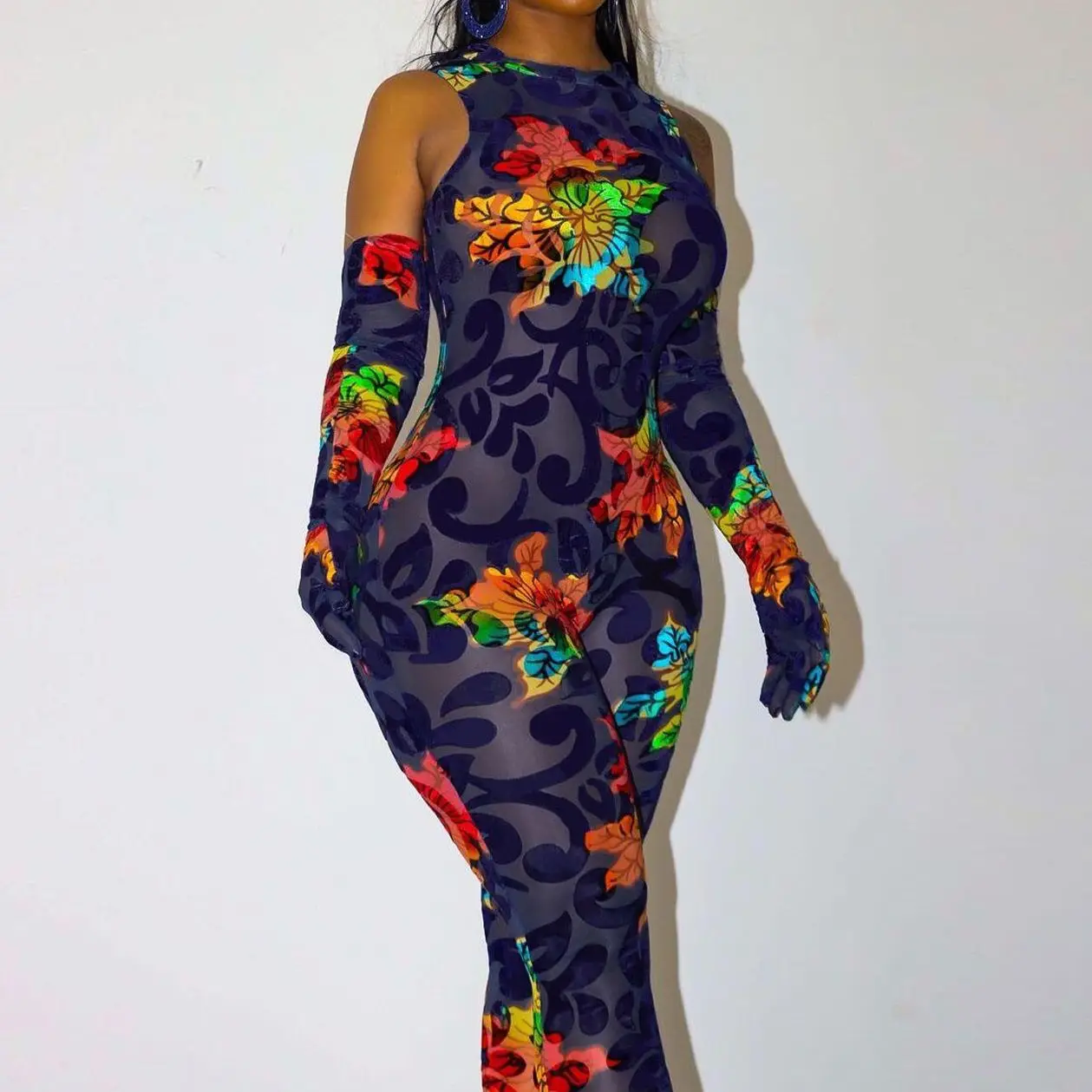 Plus Size One Piece Clothing Floral Mesh See Through Casual Outfit Women Sexy Pencil Pants 2023 Summer Female Fashion Jumpsuit