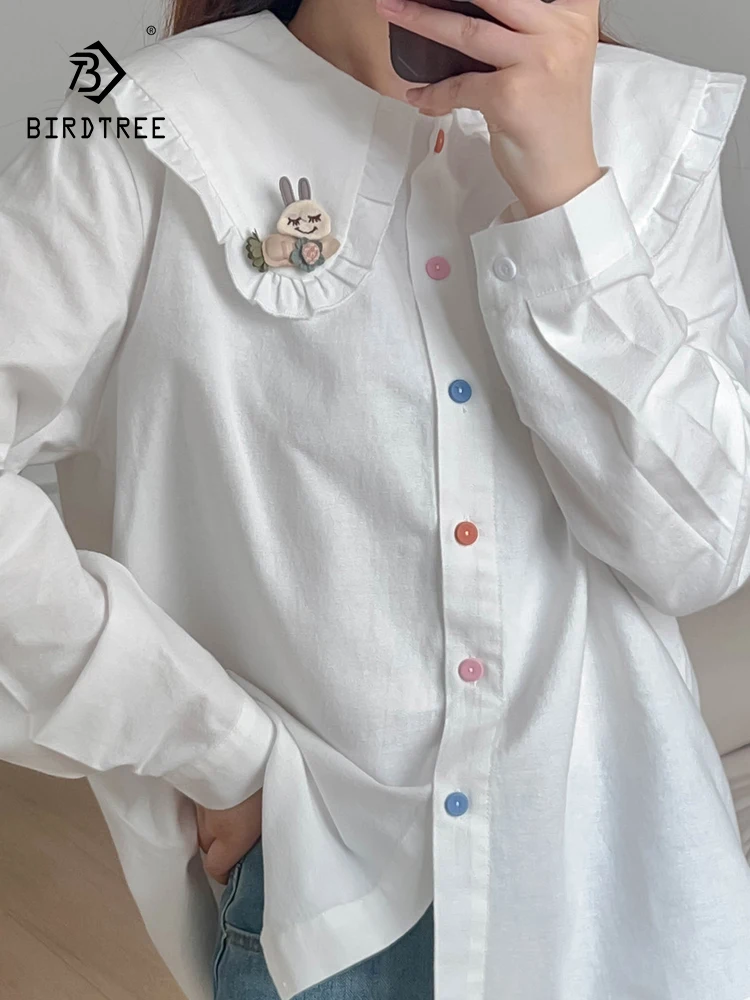 

New Autumn Cotton Thick Shirt Women Peter Pan Collar White Top Girl Long Sleeve Loose Cute Blouses Age Reduction Spring T30819QC