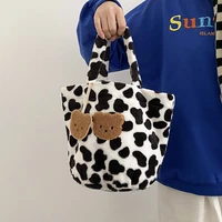 leopard women bucket shoulder bags cute cow pattern female clutch plush purse shopper handbags girl student small tote bento bag