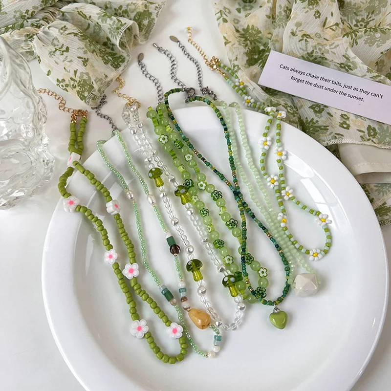Green Beaded Series Choker Necklaces Fresh Cyan Crystal Flower Short Necklace Daisy Mushroom Cute Collares Bohemian Jewelry 2023
