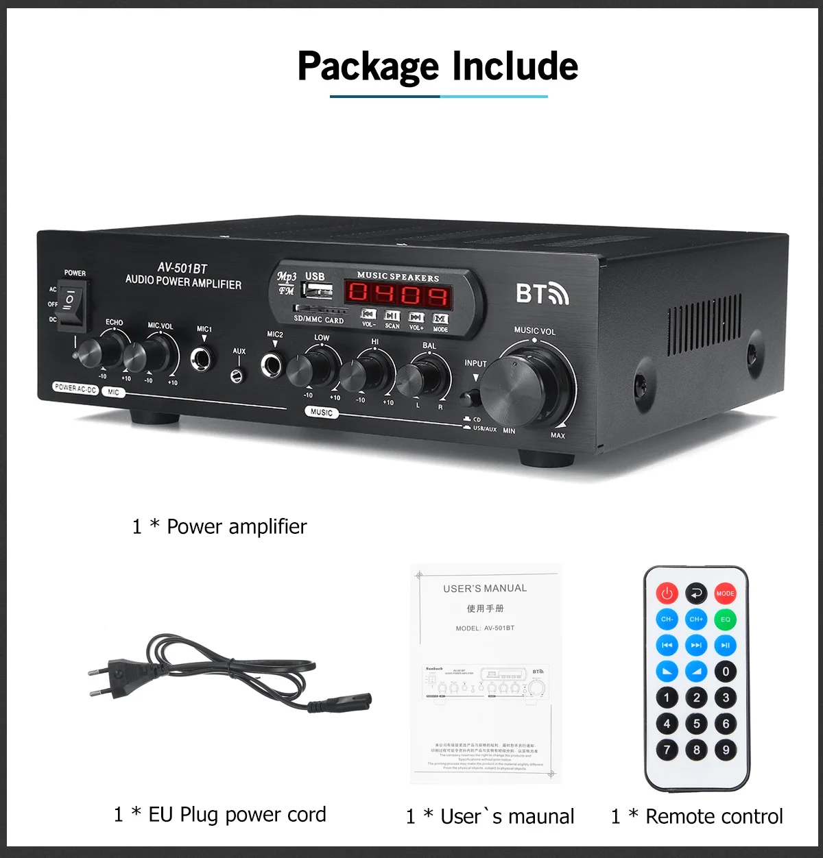 NEW 2500W 110/220V 12V bluetooth 2 Channel Karaoke Mic Input Digital Reverb Home Stereo Amplifier Support USB SD FM AUX |
