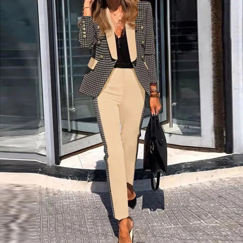 

OL Style Houndstooth Print Two Pieces Suit Set Autumn Turn-down Collar Button Blazers & Straight Pants Outfits Winter Women Sets