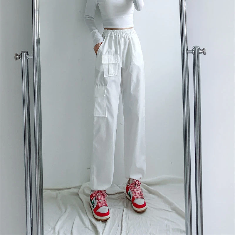 

Повседневные женские брюки, однотонные свободные штаны на шнуровке со средней талией, уличная одежда, джоггеры с широкими штанинами, спортивные брюки для ног, женские брюки-карго