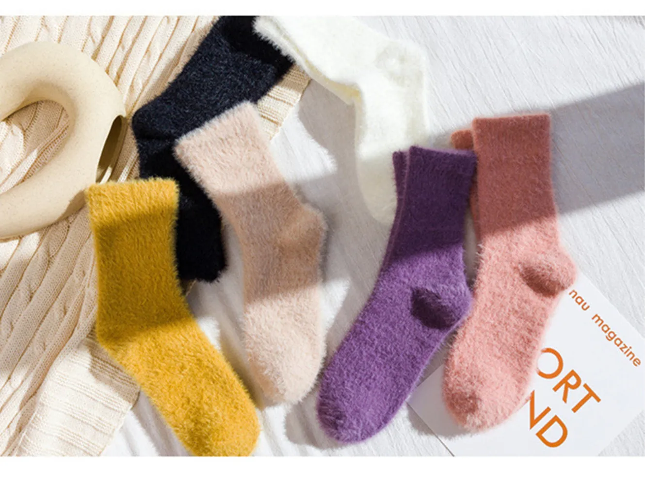 

6 Pairs Autumn Winter Women Thick Candy Color Angora Wool Socks Ladies Soft Warm Long-haired Rabbit Wool Short Socks