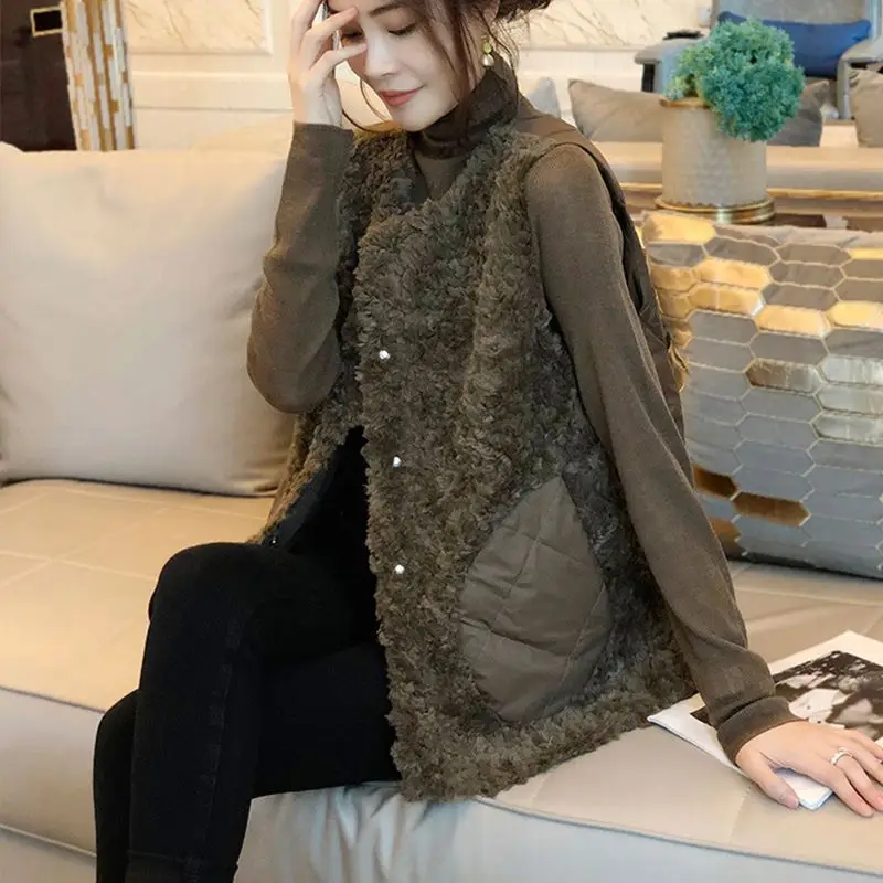 

Woman Print Jacket V-neck Sleeveless Warm Thicken Outerwear Female Loose Fur Coats Waistcoat Ladies Fashion Casual Vests G48