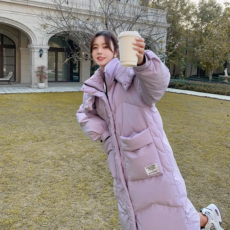 Down Jacket Women Winter Knee-length Loose White Duck Down Cotton Jacket Solid Colour Large Pockets Hooded Thickened Jacket