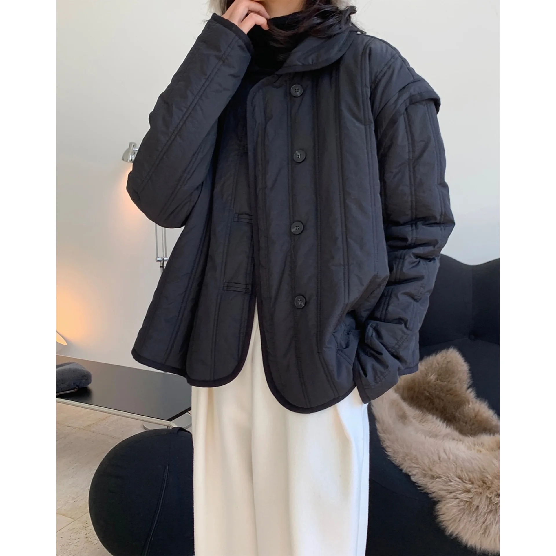 2022 Winter New Fashion Quality Design Lapel Cotton Jacket with Buckles Loose Warm and Comfortable Cotton Jacket Women's Thick