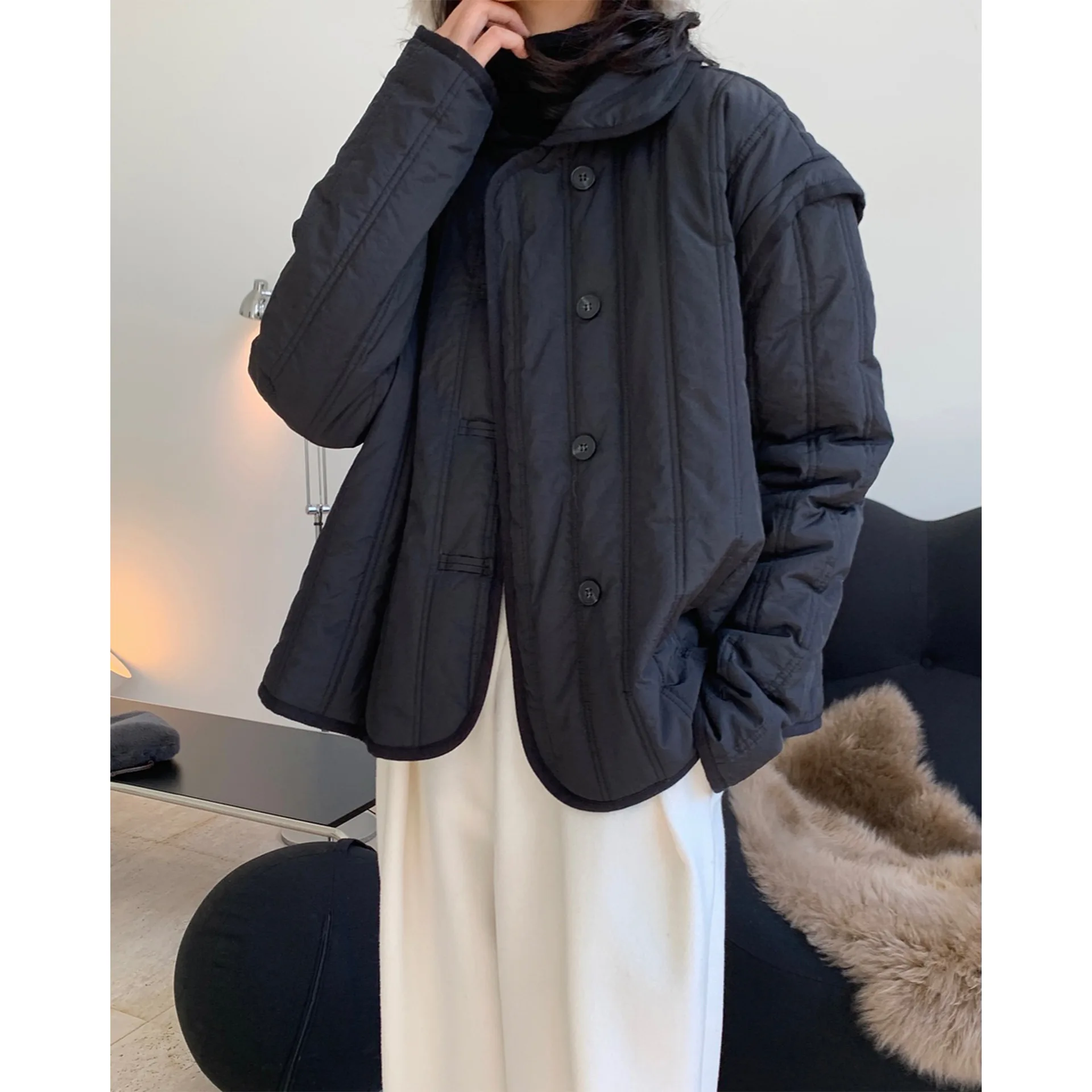 2022 Winter Solid Color Jacket Buckle Lapel Top Casual Design Splicing Loose Warm Comfortable Cotton Jacket Women