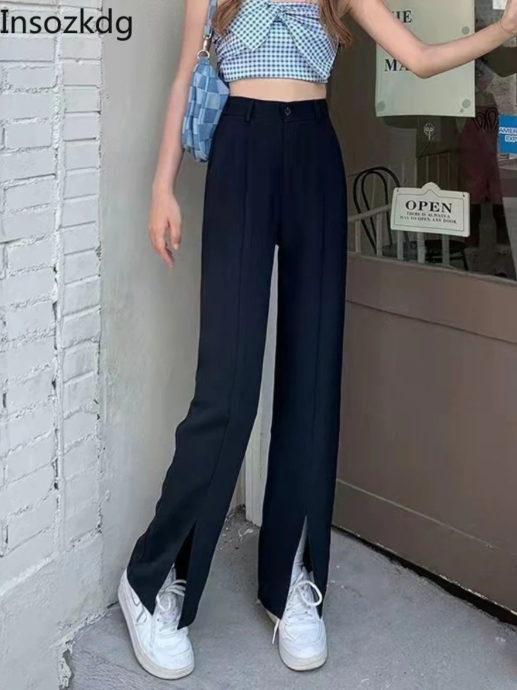 

Lnsozkdg Streetwear Straight Leg Pants Women 2022 Black High Waist Wide Leg Pants Brown Korean Office Lady Loose Female Trousers