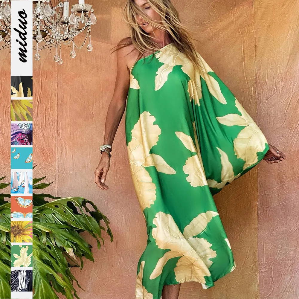 

One-Shoulder Pullover Long Dress Beach Vacation Sun Shield Skirt Asymmetric Skirtvestidos