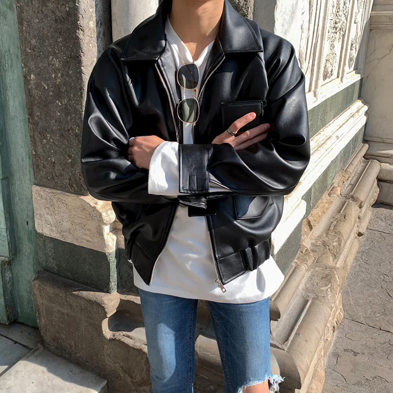 

2022 New Autumn Leather Clothes Fashion Large Pocket Loose Casual Jacket Men's Motorcycle Suit Zip-Up Coat Bomber Jacket Men