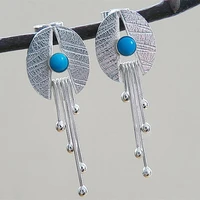 trendy inlaid round blue stone earrings vintage jewelry silver color metal carving handmade dangle earrings for women