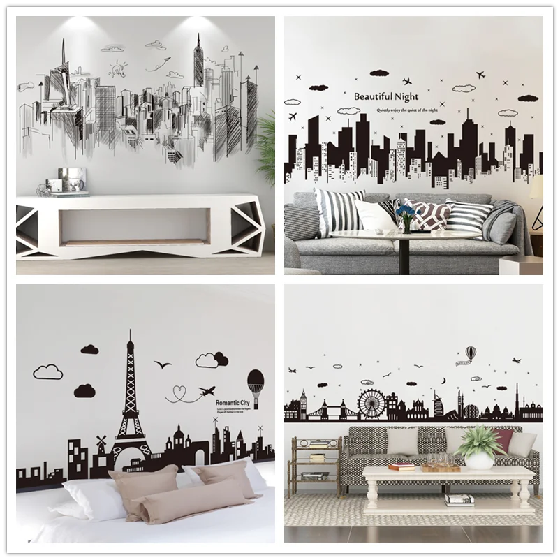 

[shijuekongjian] Black Buildings Wall Decals Vinyl DIY European Style Home Decor Sticker for Living Room Bedroom Decoration