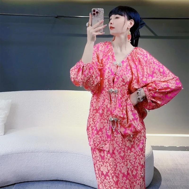 

Новый розовый топ с принтом в китайском стиле, уникальный и уникальный темпераментный комплект с юбкой, женское платье высокого класса для лета