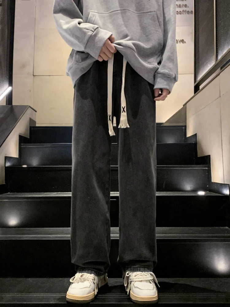 Fashion Men's Elastic Waist Wide Leg Jeans Classic Unisex Men's Tide Brand Fu Loong Dirty Mopping Trousers Hip Hop Men Clothing