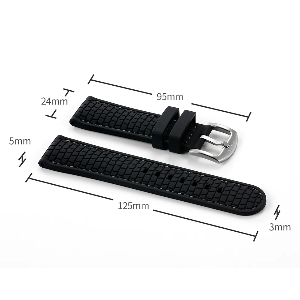 BERNY Silicone Strap Watchbands 20/22mm Black Tyre Pattern Softy Silicone Watch replace Band Skin Breathable Watch Accessories