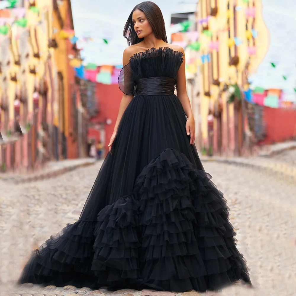 

Charming Strapless Tulle Prom Dress A-Line Sleeveless Ruffle Tiered Women Floor Length Party Event Open Back Ladies Custom Gowns
