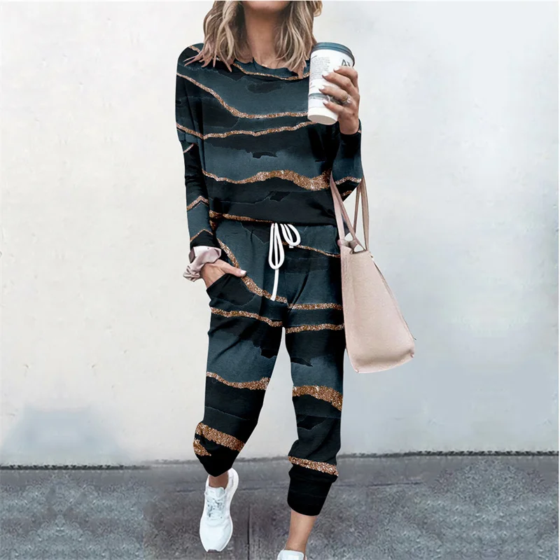 

Женский спортивный костюм из 2 предметов, повседневный костюм с длинным рукавом и принтом, удобный простой стиль, весна-осень