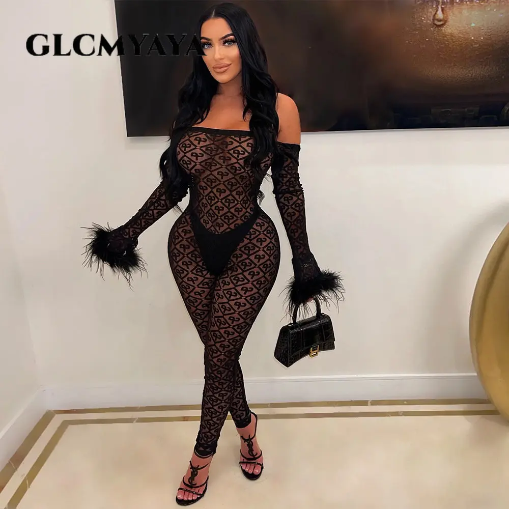 

GLCMYAYA Fashion Sexy Perspective Net Yarn Women Slim Romper 2023 Feather Rune Line Collar Hollow Out Bare Shoulder Jumpsuits