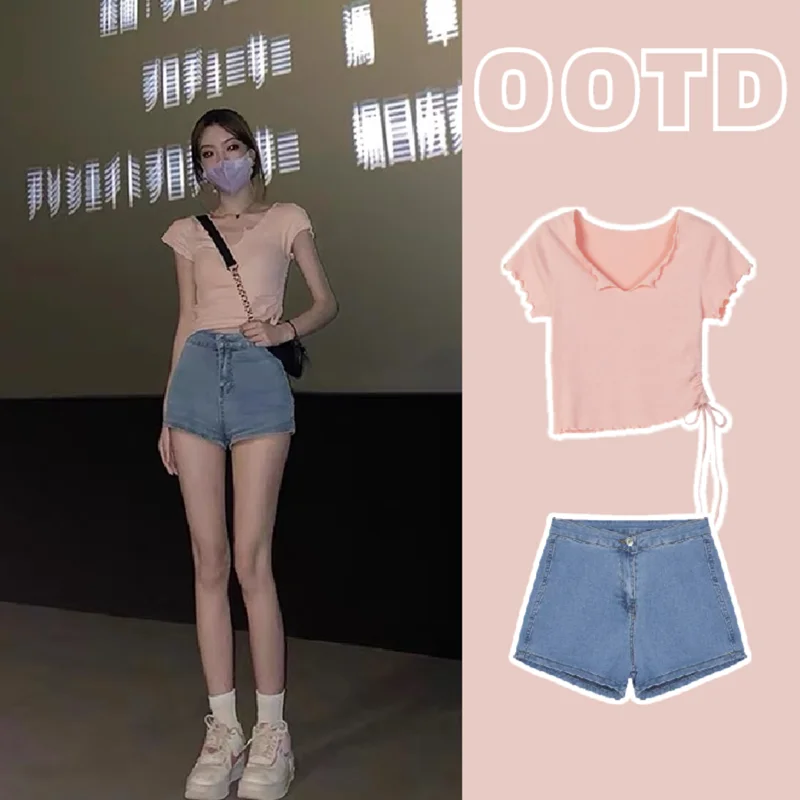 

Spring and summer clothes female 2023 new hot girl tops dating set short-sleeved female jeans women's summer