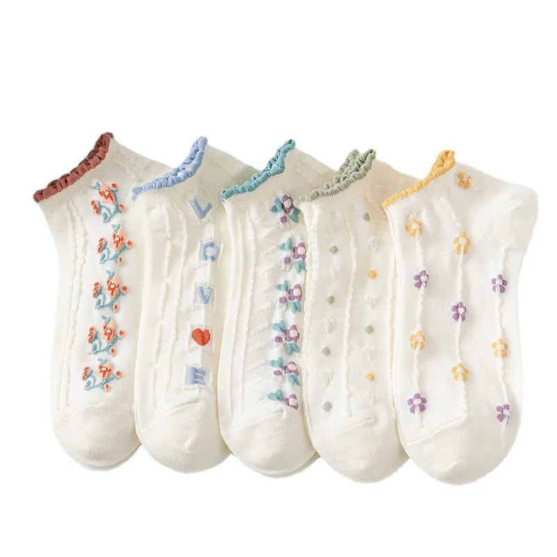 5pair /Lot Cute Flowers Ankle Socks Women No Show Low Cut Thin Breathable Spring Autumn Cartoon Casual Boat Sock Polyester