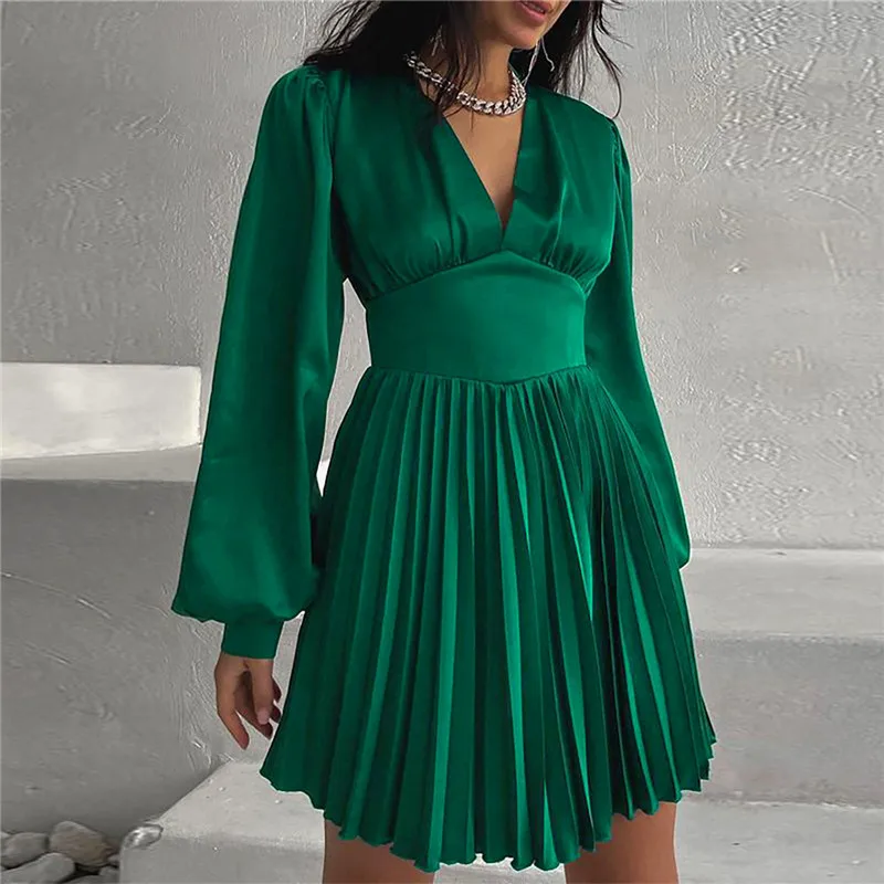 

Autumn Satin Pleated A-Line Dress for Women Clubwear V-neck Lantern Sleeve High Waist Mini Dress Elegant Formal Party Dresses