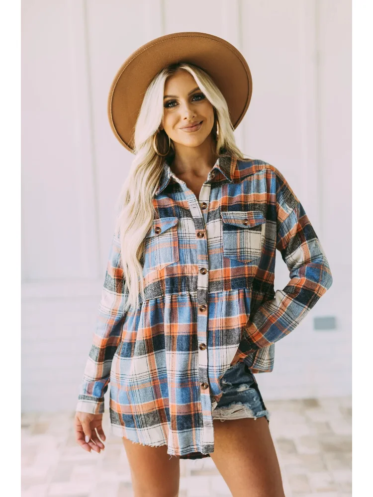 

Women Autumn Winter Print Plaid Shirt Elegant Casual Fashion Office Lady Polo Collar Long Sleeve with Pocket Female Shirt 2023