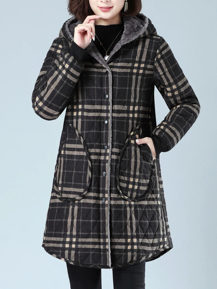 

High Quality Jacket Women Autumn Winter Plus Velvet Plaid Coat Female Long Sleeve Parkas With Hood Slim Long Jackets For Women