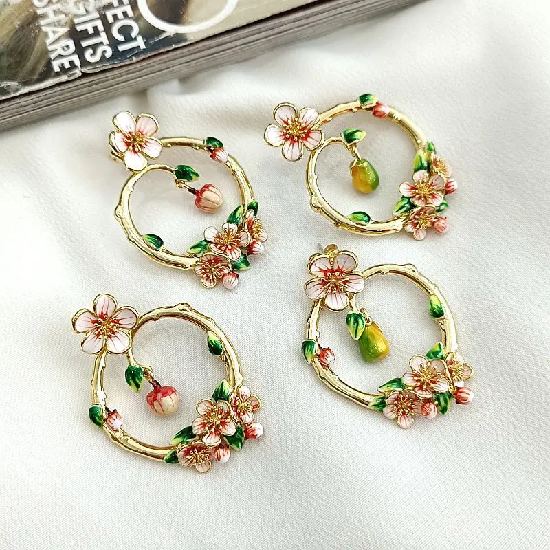 

European and American Jewelry Fashion Hand-painted Enamel Glaze Fruit Peach Pear Flower Fruit Flower Ring Sweet Earrings Female