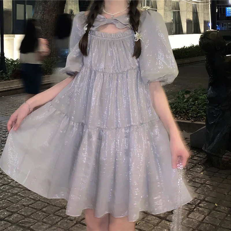 

Women's Dress Shiny Mesh Casual y2k Lolita JK Japanese Girls Sweet Puff Sleeve Bow kawaii Elegant Vintage Party Dresses Summer