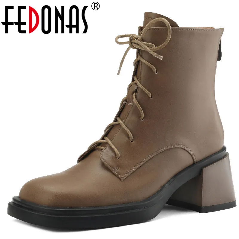 

FEDONAS Autumn Winter Working Casual Women Ankle Boots Thick Heels Genuine Leather Fashion Cross-Tied Back Zipper Shoes Woman