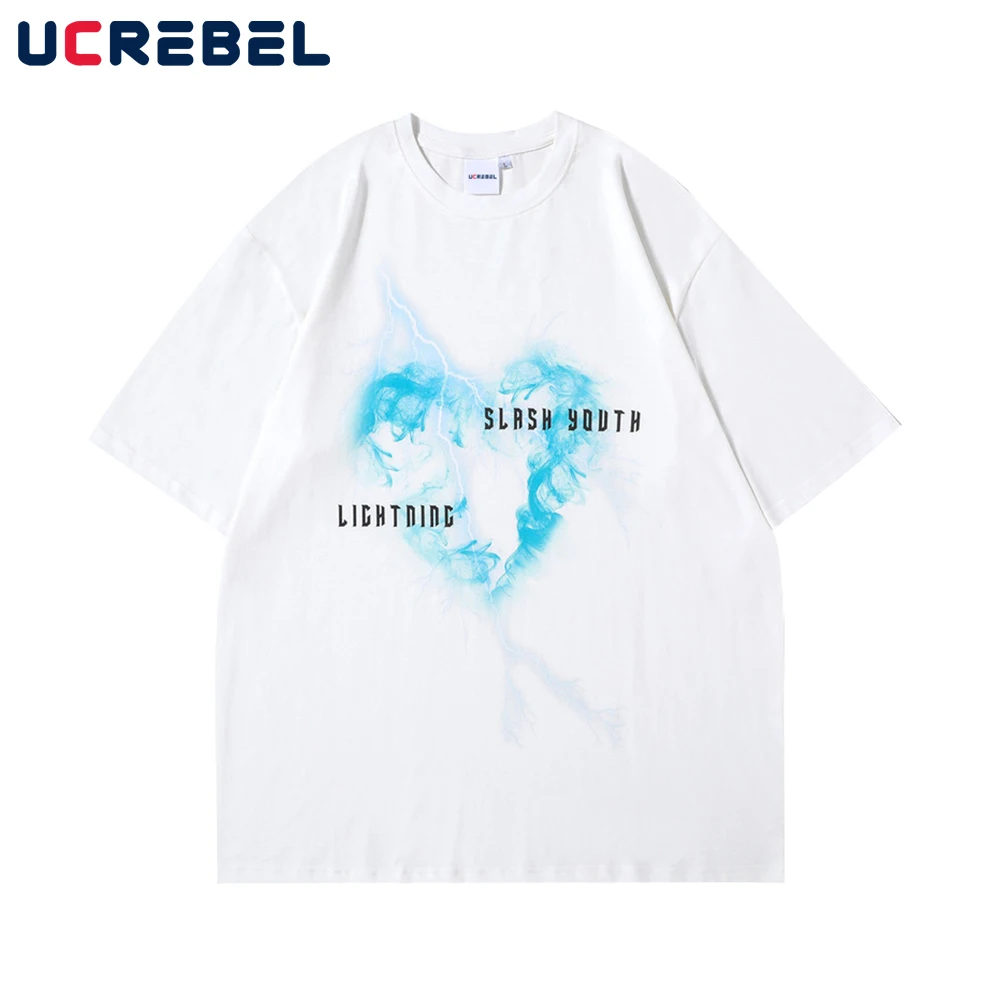 

Heart Print Short Sleeve T-shirt Mens High Street Summer Casual Crew Neck Half-Sleeve Streetwear Loose Cotton Tee Men