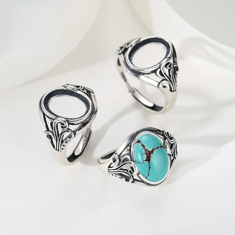 

925 Sterling Silver Men's and Women's Silver Ring Empty Set DIY Inlaid Honey Wax Turquoise Amber Ring Set Silver Set 8 * 12