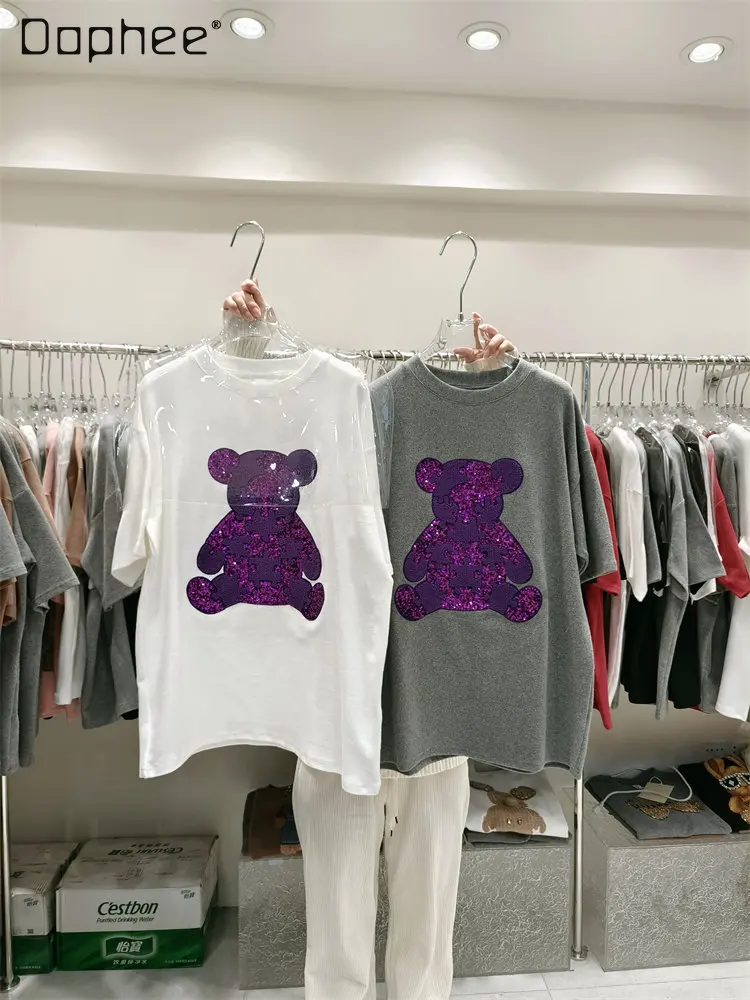 

Winter Thickened Sanded Fabric Flocking Bear Letter Half Sleeve T-shirt Women's Loose Mid-Length Round Neck Short Sleeve Top