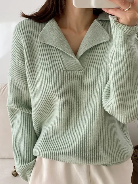ITOOLIN Autumn Women Knitted Ribbed Loose Sweater V-neck Long-sleeved Oversize Pullovers Solid Sweater For Women Jumpers Winter 2