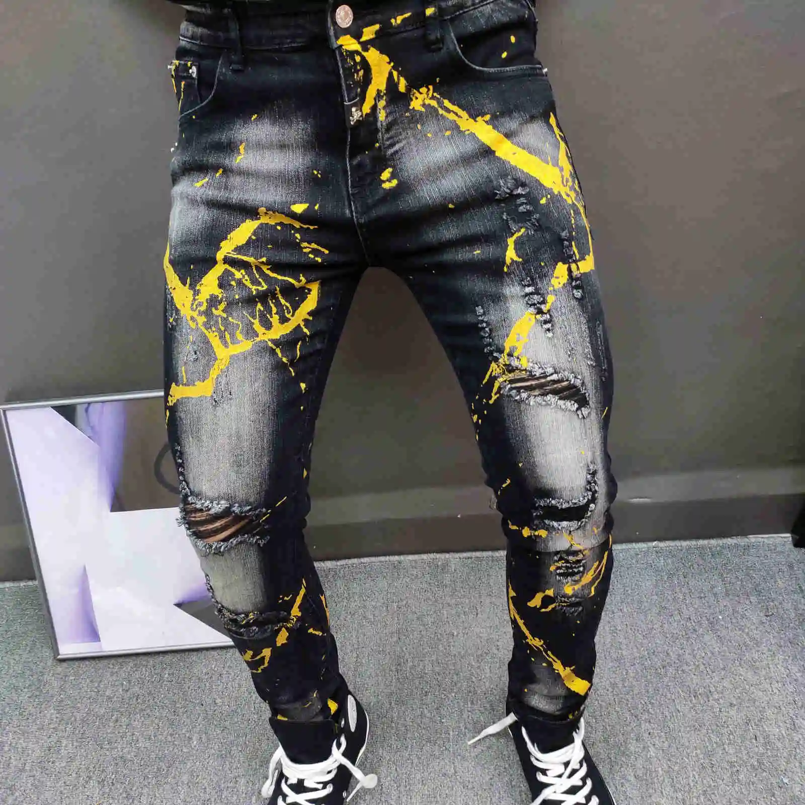 

Paint Black Gold Print Men European Street s Pant Hip Hop Motorcycle Pants Denim Fashion Graphic Trendy Jean Homme