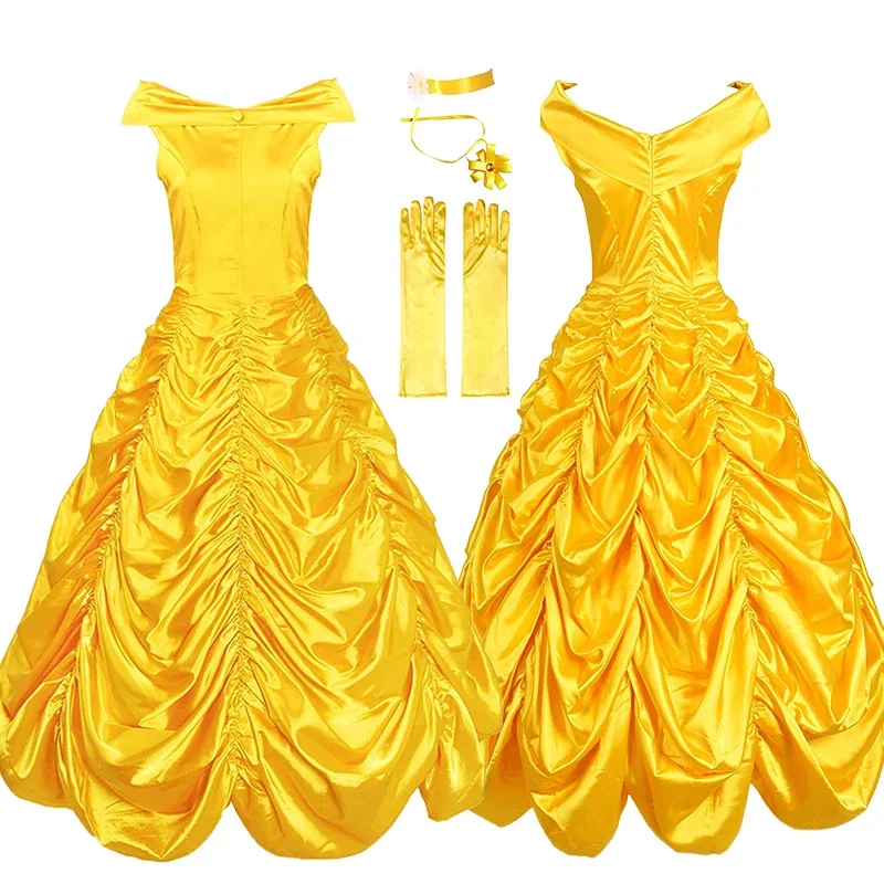 

Disfraz de Bella y La bestia para mujer adulta, traje amarillo de princesa Bella, accesorios para fiesta de Halloween