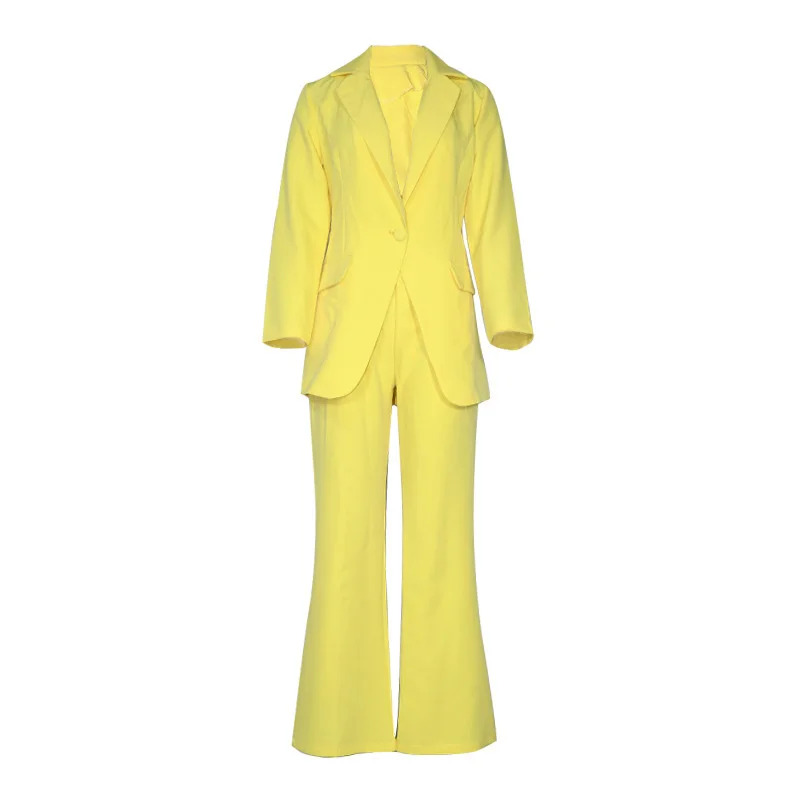 Office Ladies Solid Colors Formal Suits with Buttons New Pink Yellow Blazer Pants Set Two Piece Women Business Suit Blazer Set
