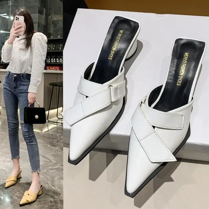 

Half Drag Temperament High Heels Sandals French Retro Baotou Thick Heel Pointed Toe New Spring And Summer Slippers Women's Outer