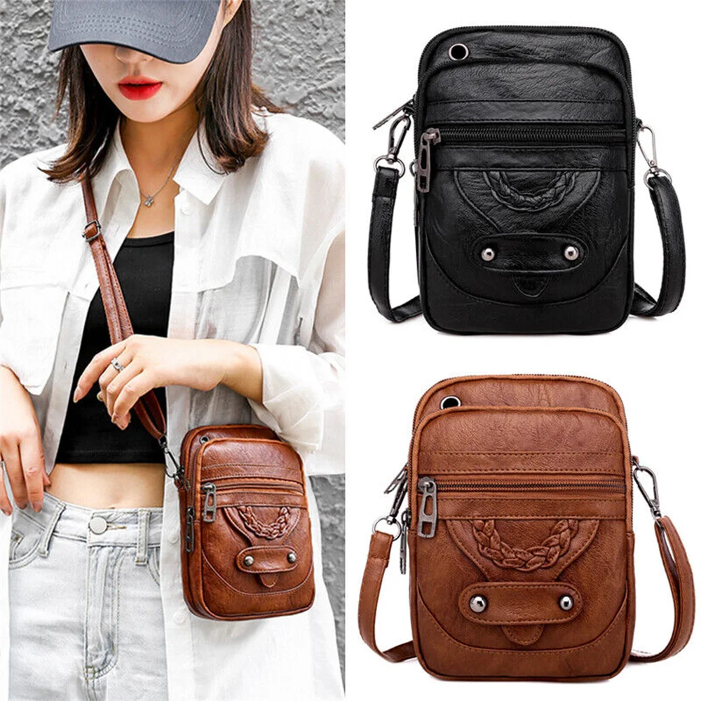 

JBTP Women Soft PU Leather Shoulder Bag Retro Trendy Mobile Phone Bag Mini Crossbody Bag Three-layer Zipper Wallet Pouch Handbag