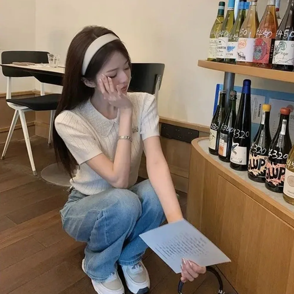 Элегантный офисный винтажный свитер 2024 женская белая вязаная футболка с