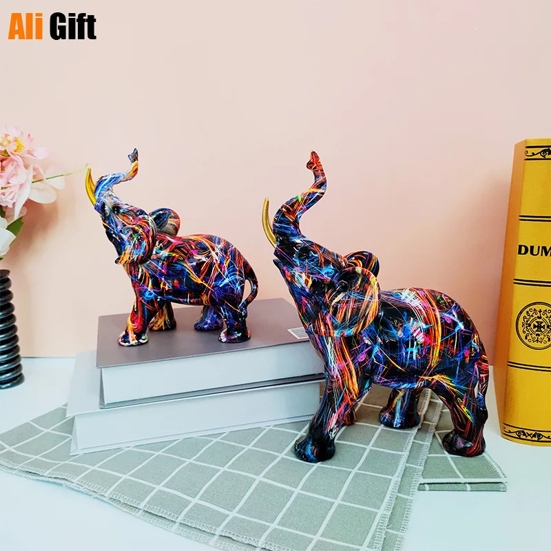 

New Creative Painted Colorful Elephant Resin Craft Ornament Home Living Room Wine Cabinet Porch Office Decorations Accessories